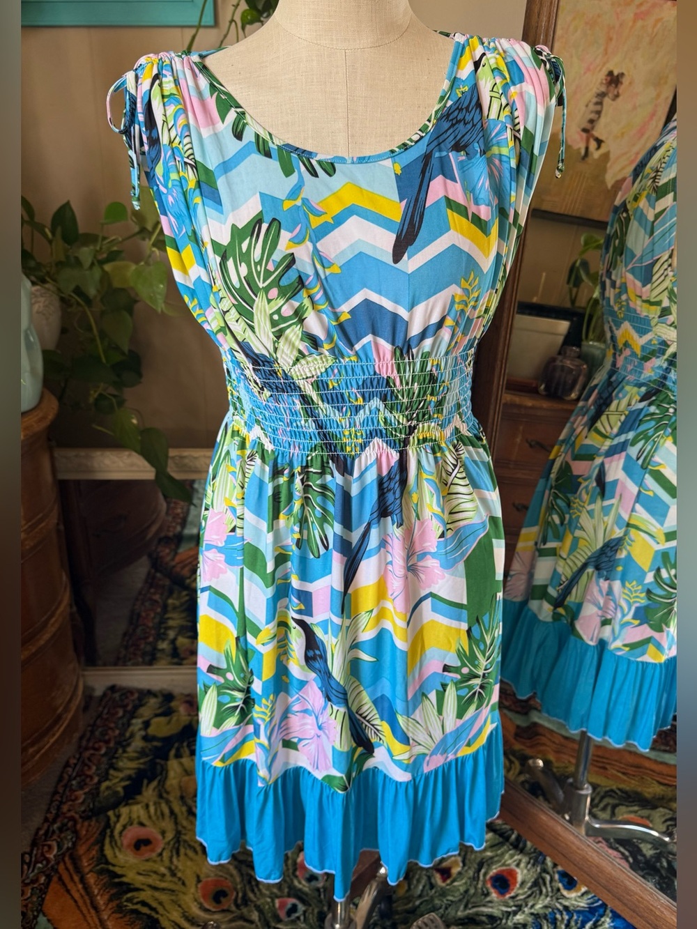 FC Colorful Tropical Bird Floral Print Sundress Tie Strap Shoulders, XL